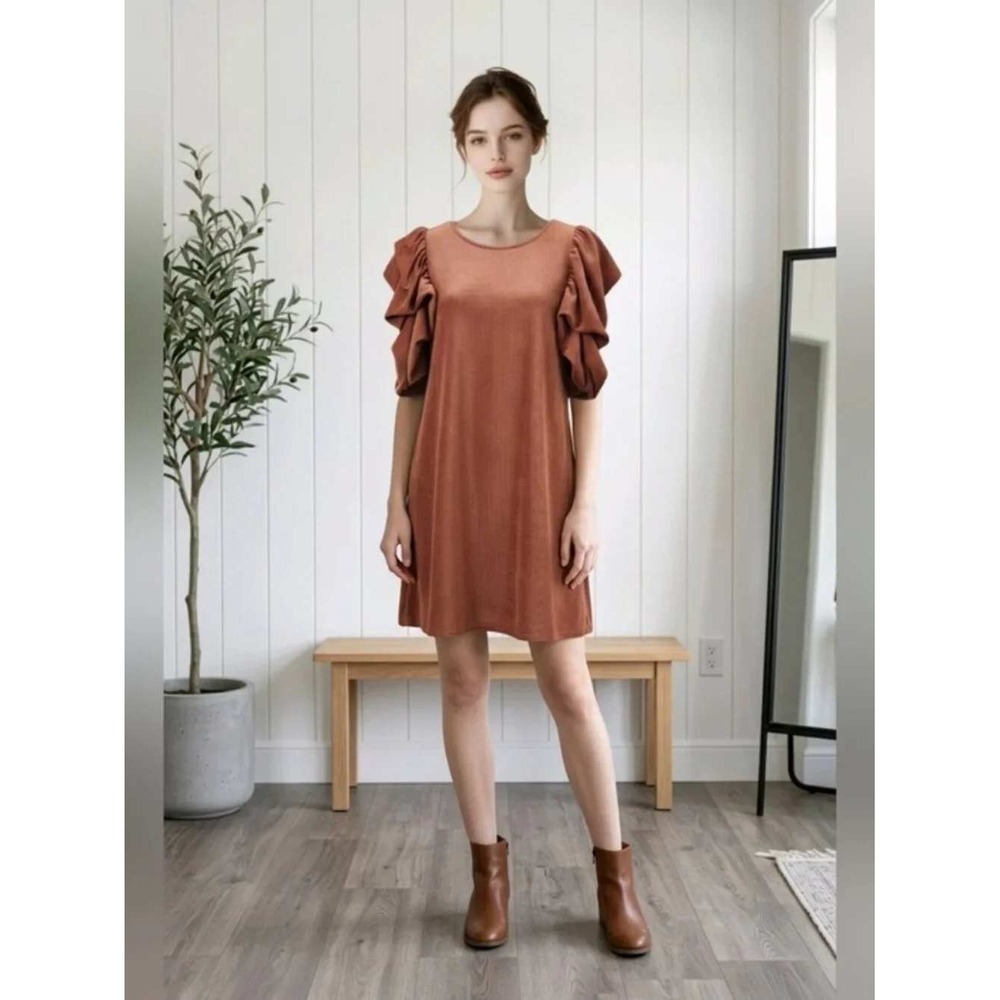 THML Rust Corduroy Ruffle Puff Sleeve Shift Dress THS1220-2-ST Medium